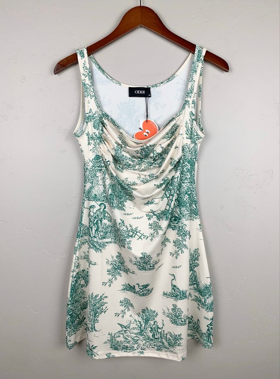 New Cider Toile de Jouy Ruched Draped Mini Dress Cream Green Women's M